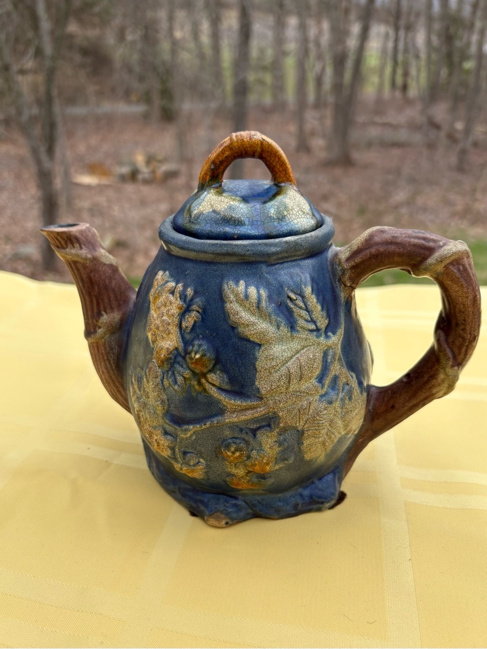 Majolica Handcrafted Blue and Brown Ceramic Teapot - Decorative Home Art